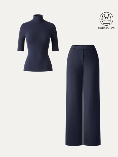 Oglmove 2pcs Set Elbow Length Sleeve Bra Top & High-rise Wide Leg Pants In Midnight Navy/black Navy