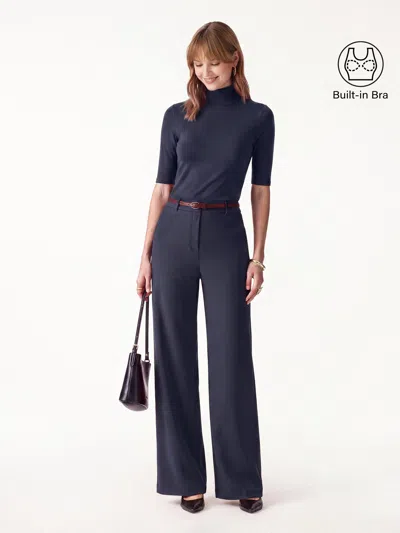Oglmove 2pcs Set Elbow Length Sleeve Bra Top & High-rise Wide Leg Pants In Midnight Navy/universe Navy