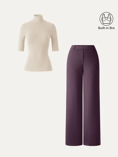 Oglmove 2pcs Set Elbow Length Sleeve Bra Top & High-rise Wide Leg Pants In Morning Mist/deep Fig