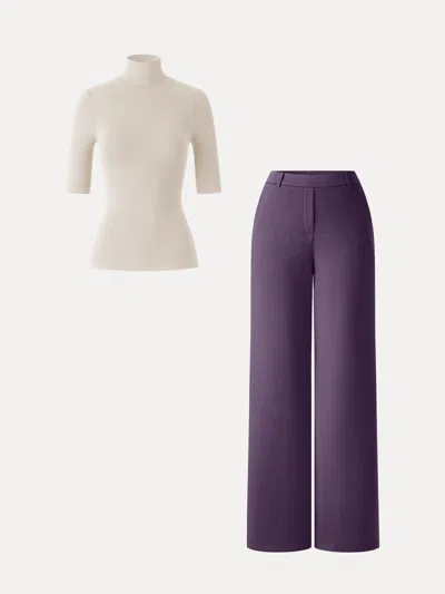 Oglmove 2pcs Set Elbow Length Sleeve Bra Top & High-rise Wide Leg Pants In Morning Mist/purple