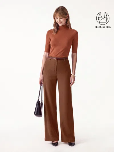 Oglmove 2pcs Set Elbow Length Sleeve Bra Top & High-rise Wide Leg Pants In Savanna Orange/rust Orange