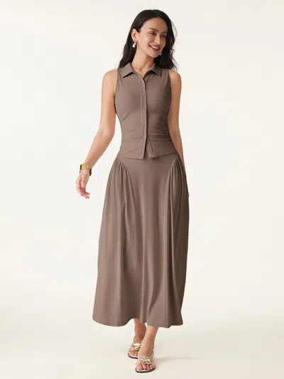 Oglmove 2pcs Set Faux Button Placket Shirt Tank & Flared Midi Skirt With Pockets