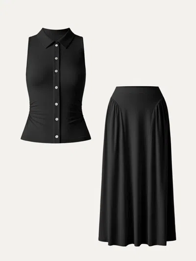 Oglmove 2pcs Set Faux Button Placket Shirt Tank & Flared Midi Skirt With Pockets In Black