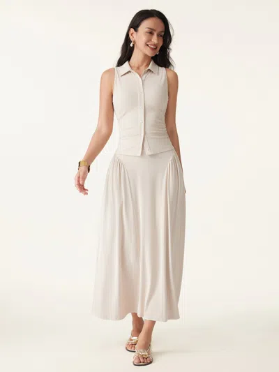 Oglmove 2pcs Set Faux Button Placket Shirt Tank & Flared Midi Skirt With Pockets In Gray