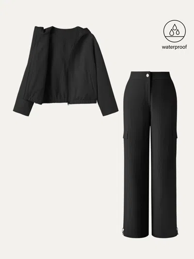 Oglmove 2pcs Set Fleece Reversable Hooded Jacket & Fleece Lined Cargo Pant In Black