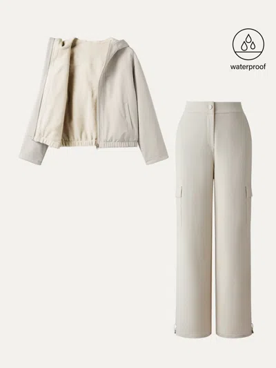Oglmove 2pcs Set Fleece Reversable Hooded Jacket & Fleece Lined Cargo Pant In Neutral