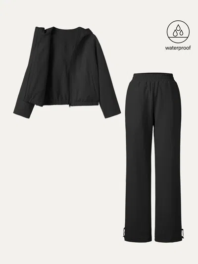 Oglmove 2pcs Set Fleece Reversable Hooded Jacket & Fleece-lined Elastic Waist Pants In Black