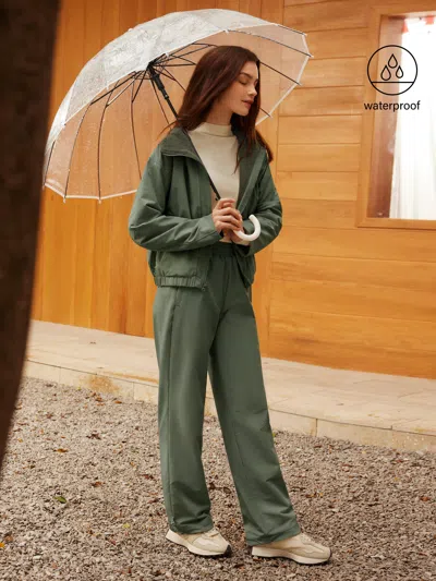 Oglmove 2pcs Set Fleece Reversable Hooded Jacket & Fleece-lined Elastic Waist Pants In Green
