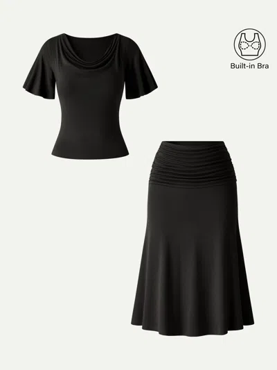 Oglmove 2pcs Set Flutter Sleeve Bra Top & Midi Mermaid Skirt In Black