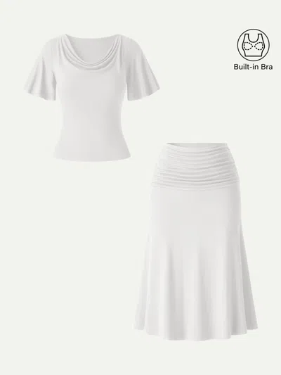 Oglmove 2pcs Set Flutter Sleeve Bra Top & Midi Mermaid Skirt In White