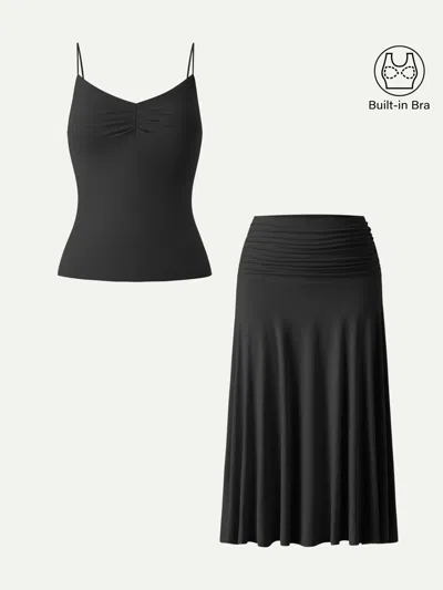 Oglmove 2pcs Set Front Tucked Spaghetti Brami & A-line Midi Skirt In Black