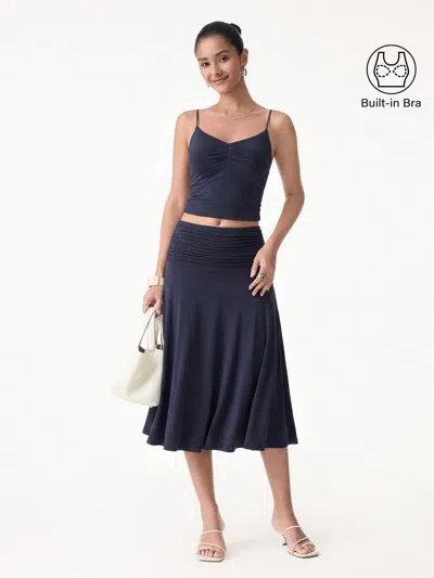 Oglmove 2pcs Set Front Tucked Spaghetti Brami & A-line Midi Skirt In Blue