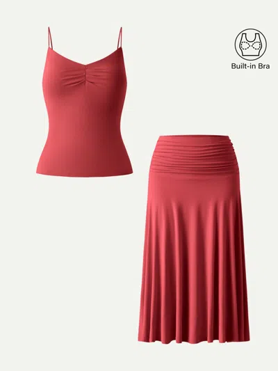 Oglmove 2pcs Set Front Tucked Spaghetti Brami & A-line Midi Skirt In Red