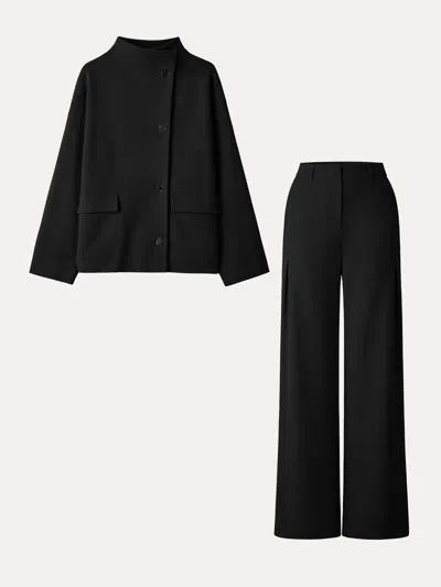 Oglmove 2pcs Set Fuzzluxe Mock Neck Long Sleeve Jacket With Pockets & High-rise Wide-leg Tuck Pants With Wel In Black