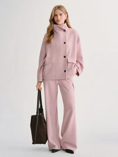 Oglmove 2pcs Set Fuzzluxe Mock Neck Long Sleeve Jacket With Pockets & High-rise Wide-leg Tuck Pants With Wel In Pink