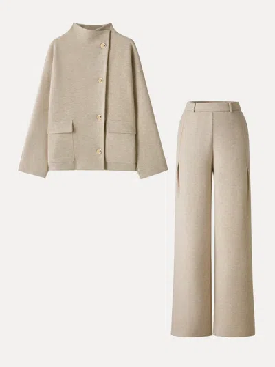Oglmove 2pcs Set Fuzzluxe Mock Neck Long Sleeve Jacket With Pockets & High-rise Wide-leg Tuck Pants With Wel In Nude