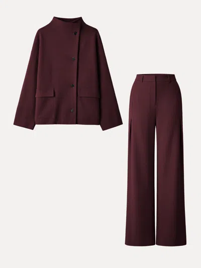 Oglmove 2pcs Set Fuzzluxe Mock Neck Long Sleeve Jacket With Pockets & High-rise Wide-leg Tuck Pants With Wel In Burgundy