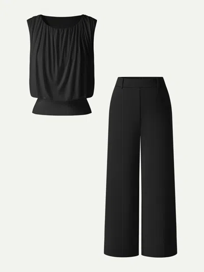 Oglmove 2pcs Set Gathered Bra Top & Cropped Wide Leg Pants In Black