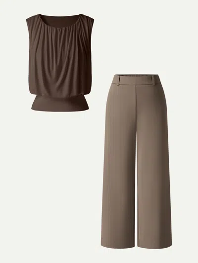 Oglmove 2pcs Set Gathered Bra Top & Cropped Wide Leg Pants In Brown