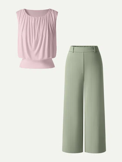 Oglmove 2pcs Set Gathered Bra Top & Cropped Wide Leg Pants In Green