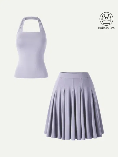 Oglmove 2pcs Set Halter Going-out Bra Top & Knee-length Flare Skirt In Blue