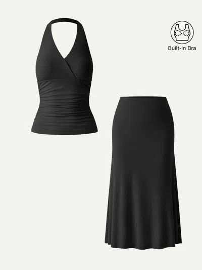 Oglmove 2pcs Set Halter Neck Bra Tank & Pull-on Mermaid Midi Skirt In Black