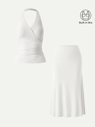 Oglmove 2pcs Set Halter Neck Bra Tank & Pull-on Mermaid Midi Skirt In White