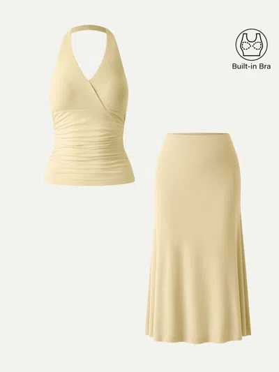 Oglmove 2pcs Set Halter Neck Bra Tank & Pull-on Mermaid Midi Skirt In Yellow