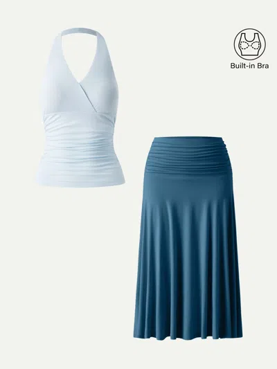 Oglmove 2pcs Set Halter Neck Bra Tank & Side Ruched A-line Midi Skirt