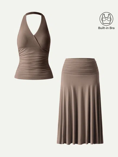 Oglmove 2pcs Set Halter Neck Bra Tank & Side Ruched A-line Midi Skirt