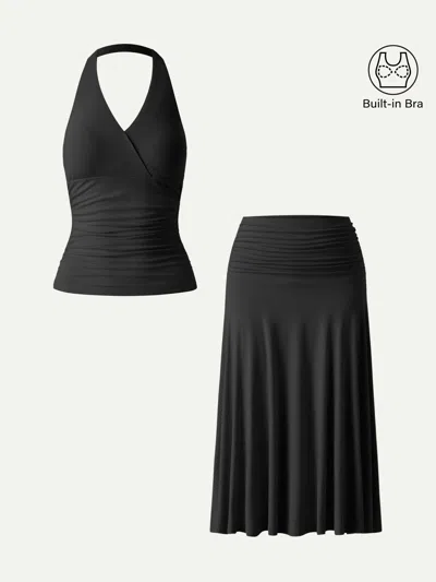 Oglmove 2pcs Set Halter Neck Bra Tank & Side Ruched A-line Midi Skirt In Black