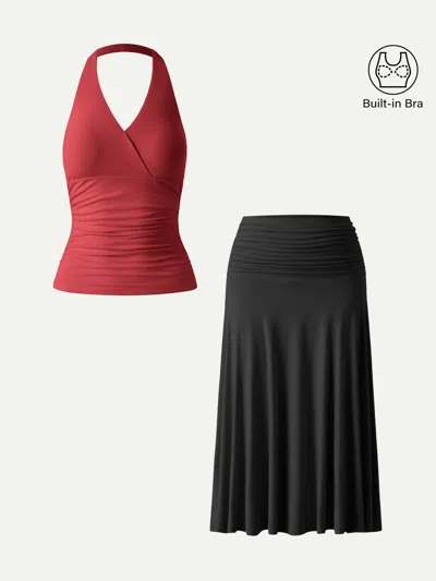 Oglmove 2pcs Set Halter Neck Bra Tank & Side Ruched A-line Midi Skirt In Multi