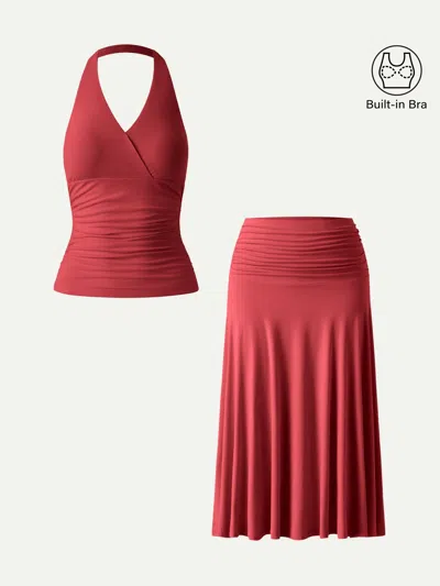 Oglmove 2pcs Set Halter Neck Bra Tank & Side Ruched A-line Midi Skirt In Red