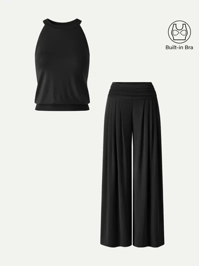 Oglmove 2pcs Set Halter Neck Bra Tank & Tucked Pant With Pockets In Black