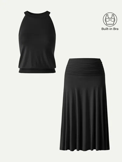 Oglmove 2pcs Set Halter Neck Bra Top & A-line Midi Skirt In Black