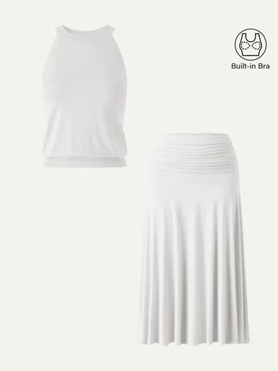 Oglmove 2pcs Set Halter Neck Bra Top & A-line Midi Skirt In Off White/pure White