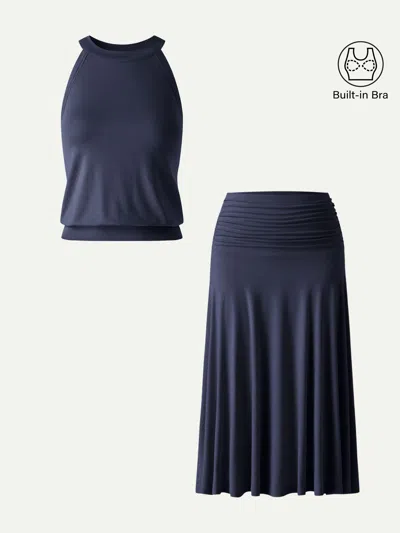 Oglmove 2pcs Set Halter Neck Bra Top & A-line Midi Skirt In Universe Navy/midnight Navy