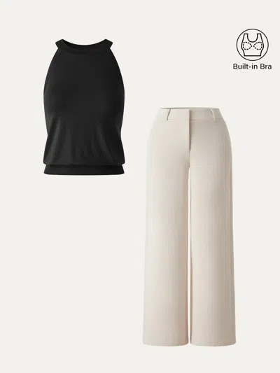 Oglmove 2pcs Set Halter Neck Bra Top & Mid Rise Fly-front Wide Leg Trousers In Black/morning Mist