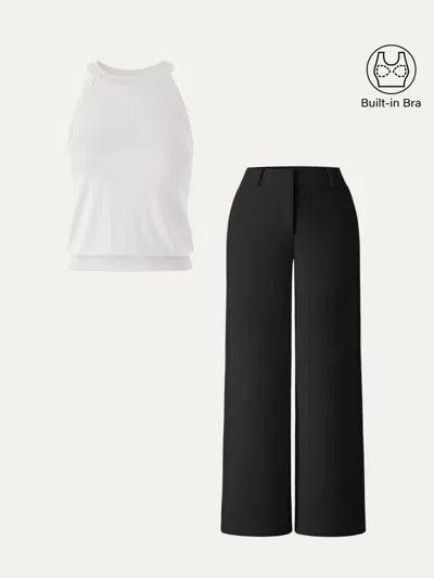 Oglmove 2pcs Set Halter Neck Bra Top & Mid Rise Fly-front Wide Leg Trousers In Off White/black