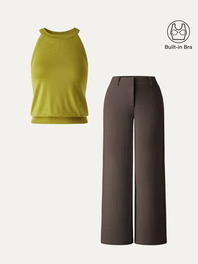 Oglmove 2pcs Set Halter Neck Bra Top & Mid Rise Fly-front Wide Leg Trousers In Olive Spring Green/cedar Brown