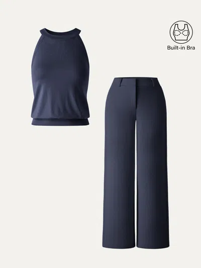 Oglmove 2pcs Set Halter Neck Bra Top & Mid Rise Fly-front Wide Leg Trousers In Universe Navy/light Navy
