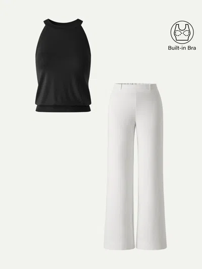 Oglmove 2pcs Set Halter Neck Bra Top & Wide Leg Pants With Pockets In Black/white