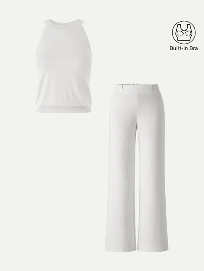 Oglmove 2pcs Set Halter Neck Bra Top & Wide Leg Pants With Pockets In Off White/white