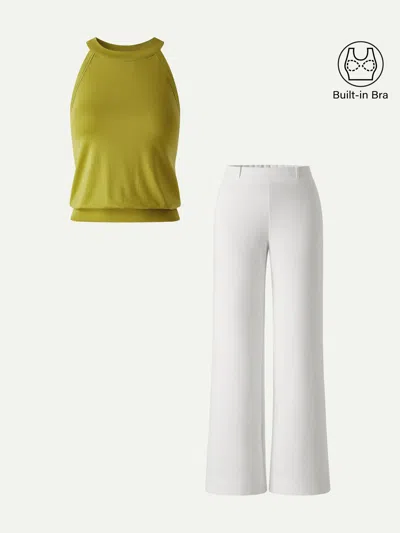 Oglmove 2pcs Set Halter Neck Bra Top & Wide Leg Pants With Pockets In Olive Spring Green/white