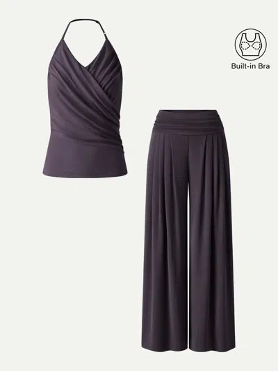 Oglmove 2pcs Set Halter Neck Surplice Bra Top & Tucked Palazzo Pant With Pockets In Blue