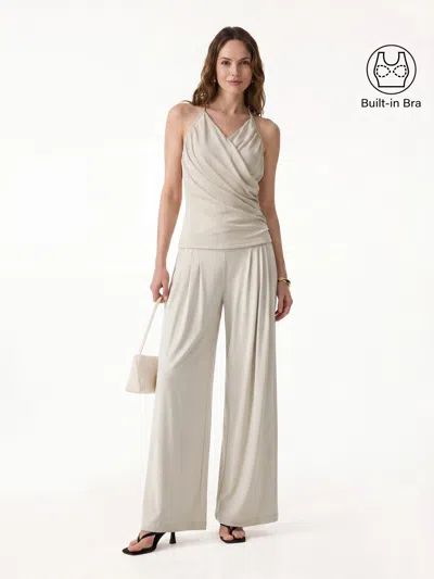Oglmove 2pcs Set Halter Neck Surplice Bra Top & Tucked Palazzo Pant With Pockets In White