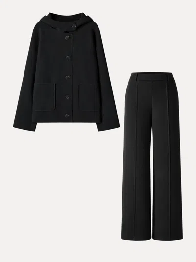 Oglmove 2pcs Set Hooded Long Sleeve Jacket With Pockets & Mid-rise Wide-leg Pants With Pockets In Black