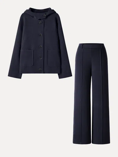 Oglmove 2pcs Set Hooded Long Sleeve Jacket With Pockets & Mid-rise Wide-leg Pants With Pockets In Blue