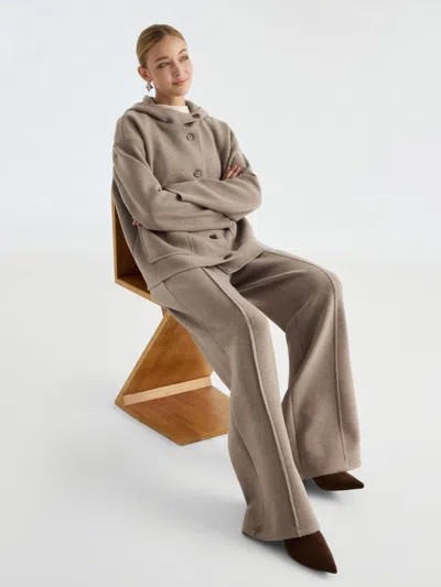 Oglmove 2pcs Set Hooded Long Sleeve Jacket With Pockets & Mid-rise Wide-leg Pants With Pockets In Neutral