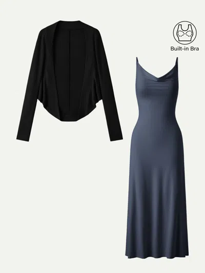 Oglmove 2pcs Set Knit Shrug Sweater & Cowl Neck Midi Bra Dress